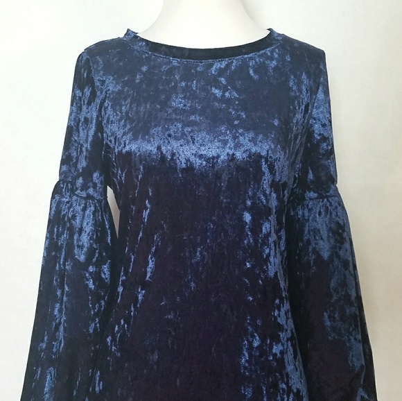 Blue Velvet Shift Dress With Cold Shoulder - Picture 3 of 6